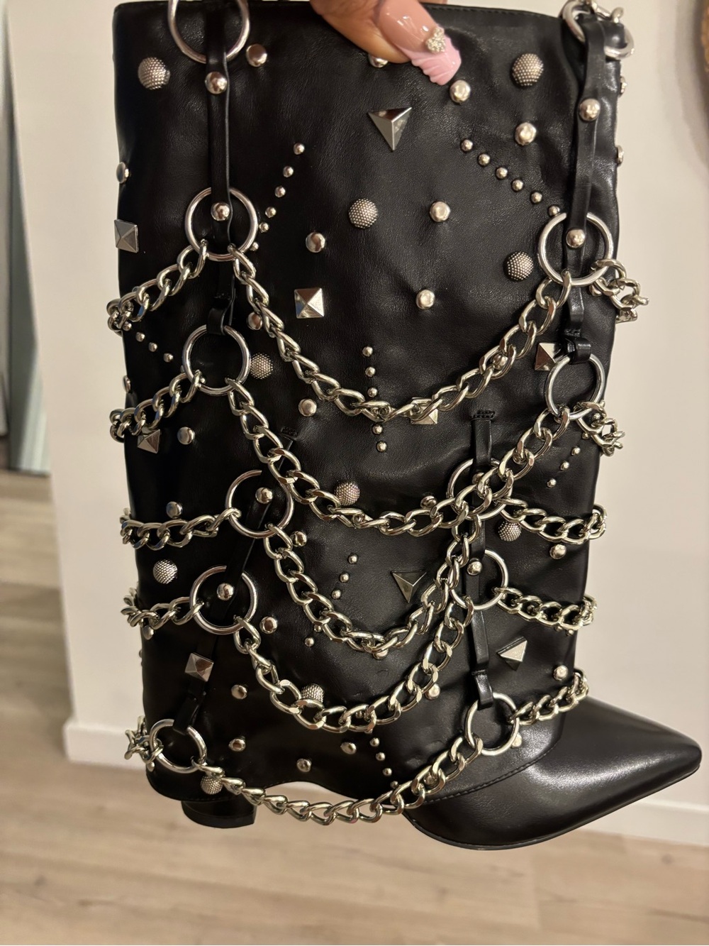 Black Studded Chain-Embellished Leather Boot